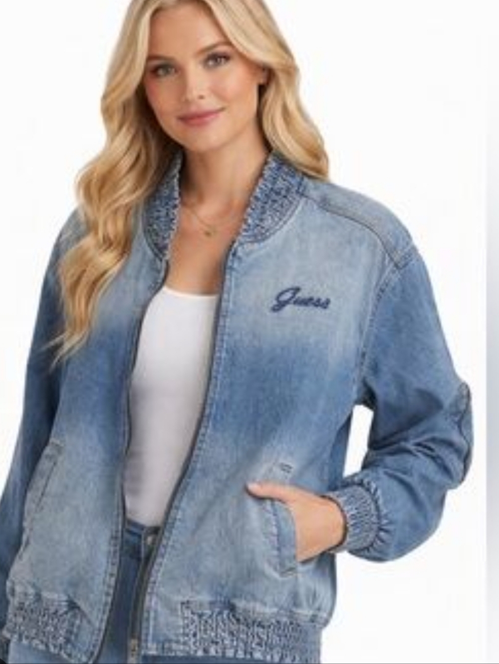 Guess Oversized Smocked Embroidered Jean Bomber Jacket Blue Size M